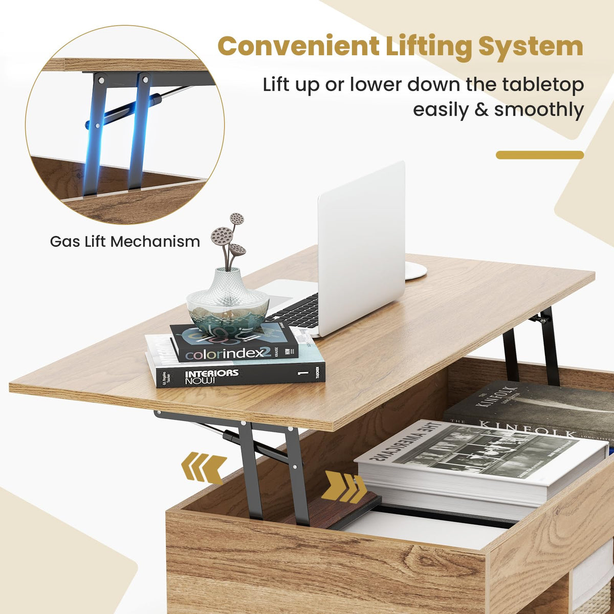 Lift Top Coffee Table, Coffee Station Table with Hidden Compartment, Rising Tabletop, 3 Open Cubbies