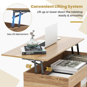 Lift Top Coffee Table, Coffee Station Table with Hidden Compartment, Rising Tabletop, 3 Open Cubbies