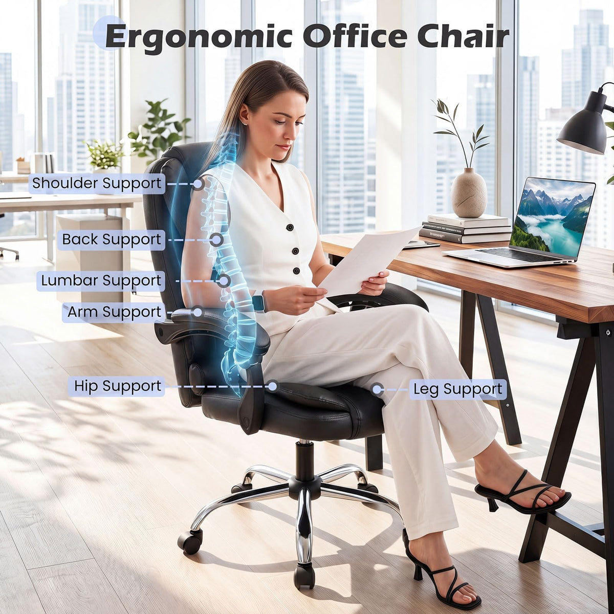 Executive Chair, Big High Back Office Chair with Linkage Armrests, Adjustable Height and Backrest