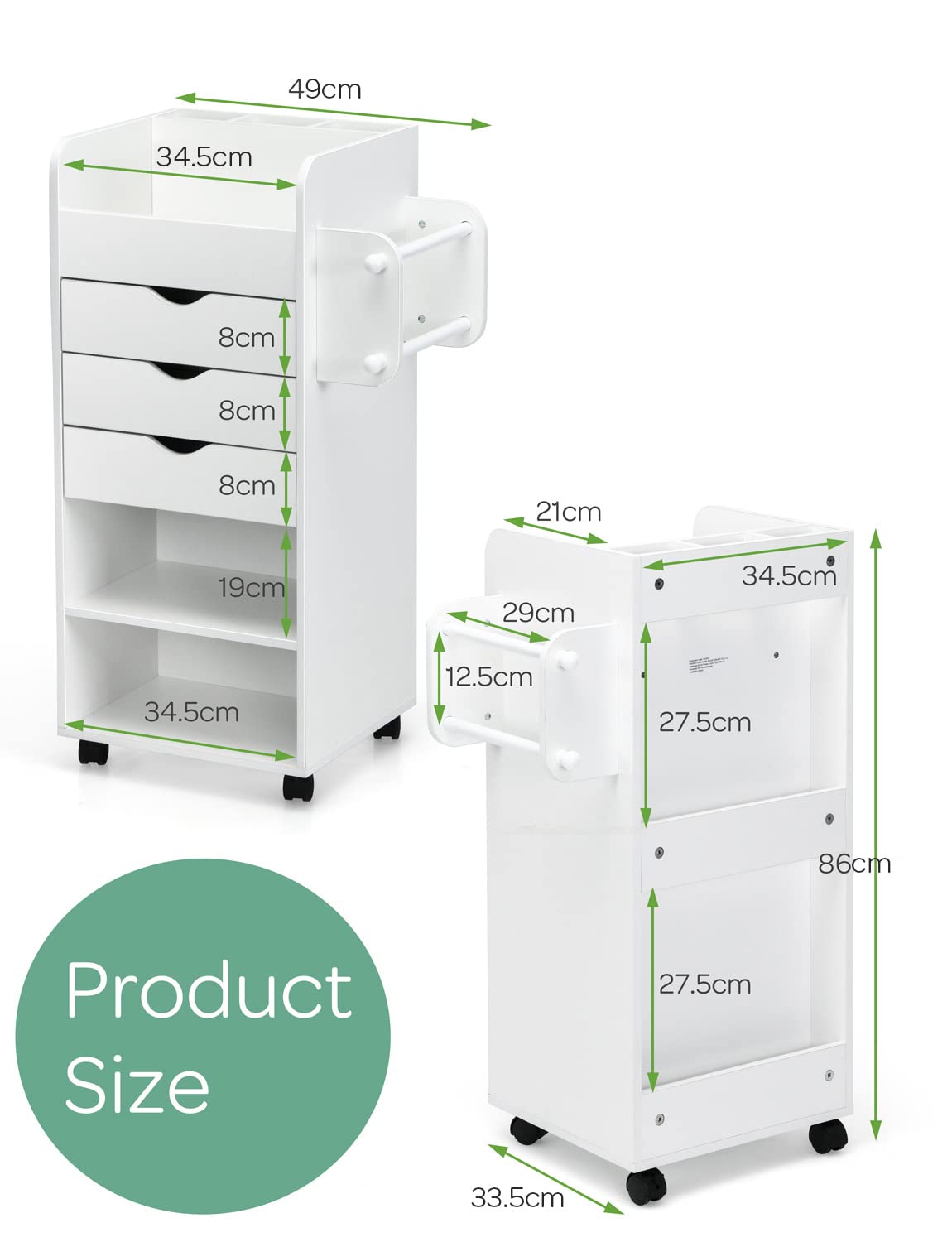 Giantex Rolling Craft Storage Cart, Utility Cart w/ 3 Drawers, 3 Shelves, 3 Slots & 2 Dowels, White