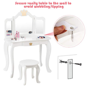 2-in-1 Kids Dressing Table & Stool Set, Toddler Wooden Vanity Table with Tri-Fold Mirror & Drawer