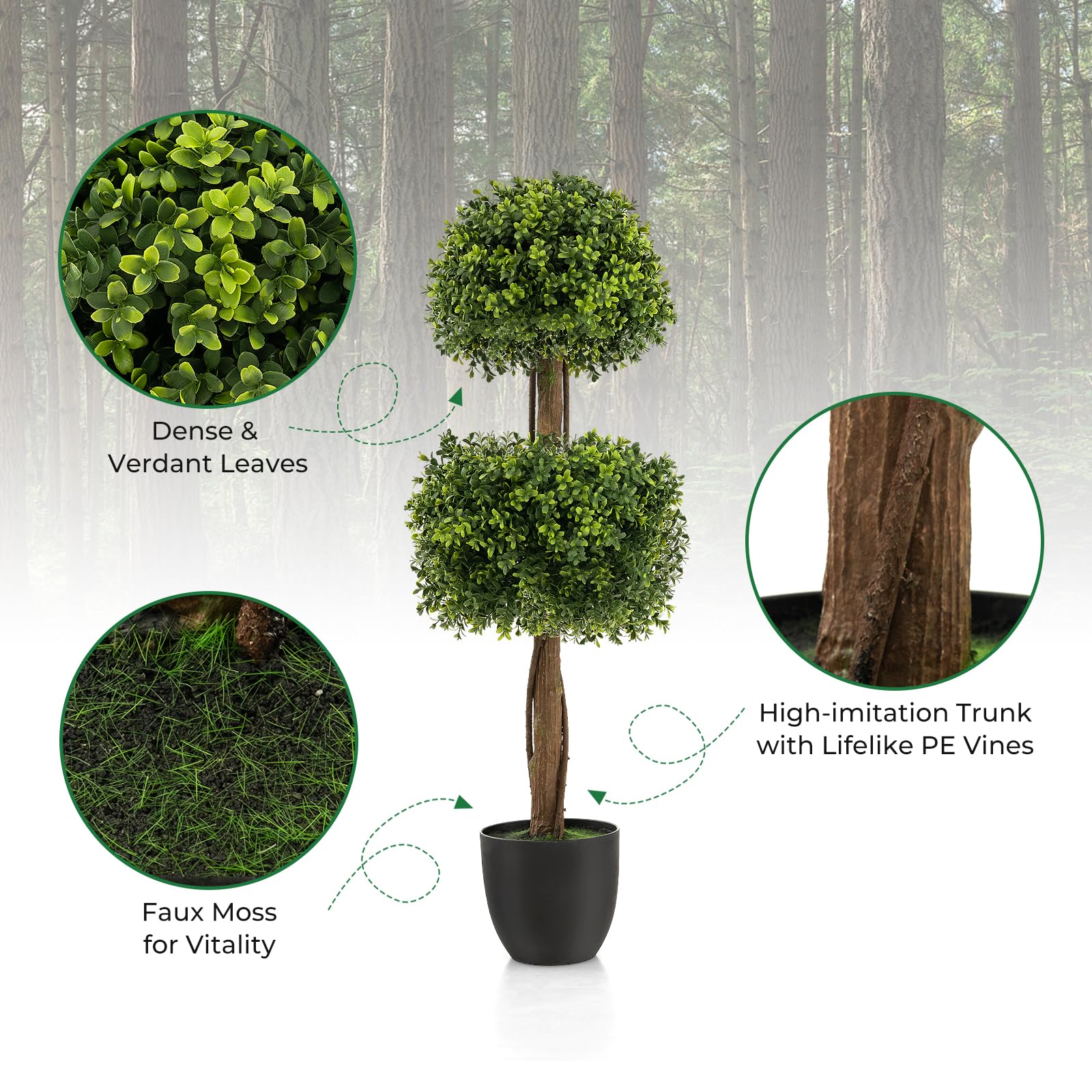 Giantex 100cm Artificial Boxwood Topiary Ball Tree, Faux Double Ball Boxwood Plant with Cement-Filled Plastic Pot