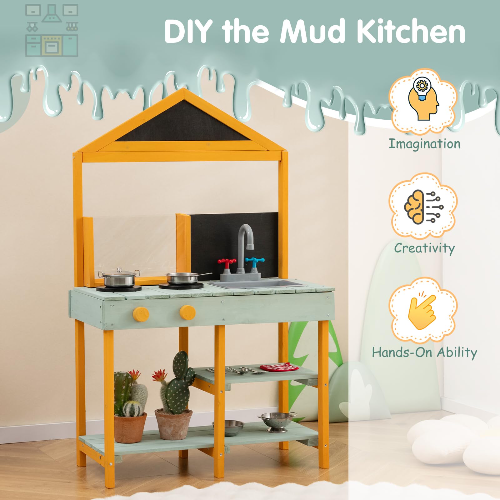 HONEY JOY Kids Kitchen Playset, Outdoor Mud Kitchen with Root Viewer Planter, Rotatable Faucet & Removable Sink