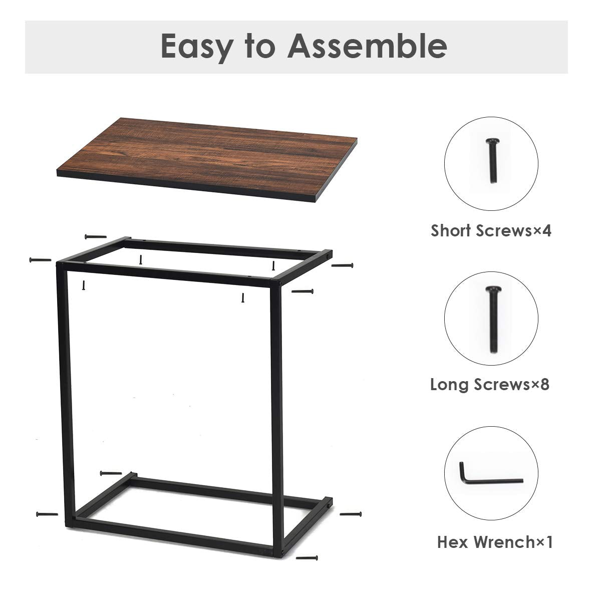 Snack Side Table, C-Shaped End Table for Sofa Couch, Bed, Wood Look Finish and Steel Frame, Space-Saving for Small Spaces