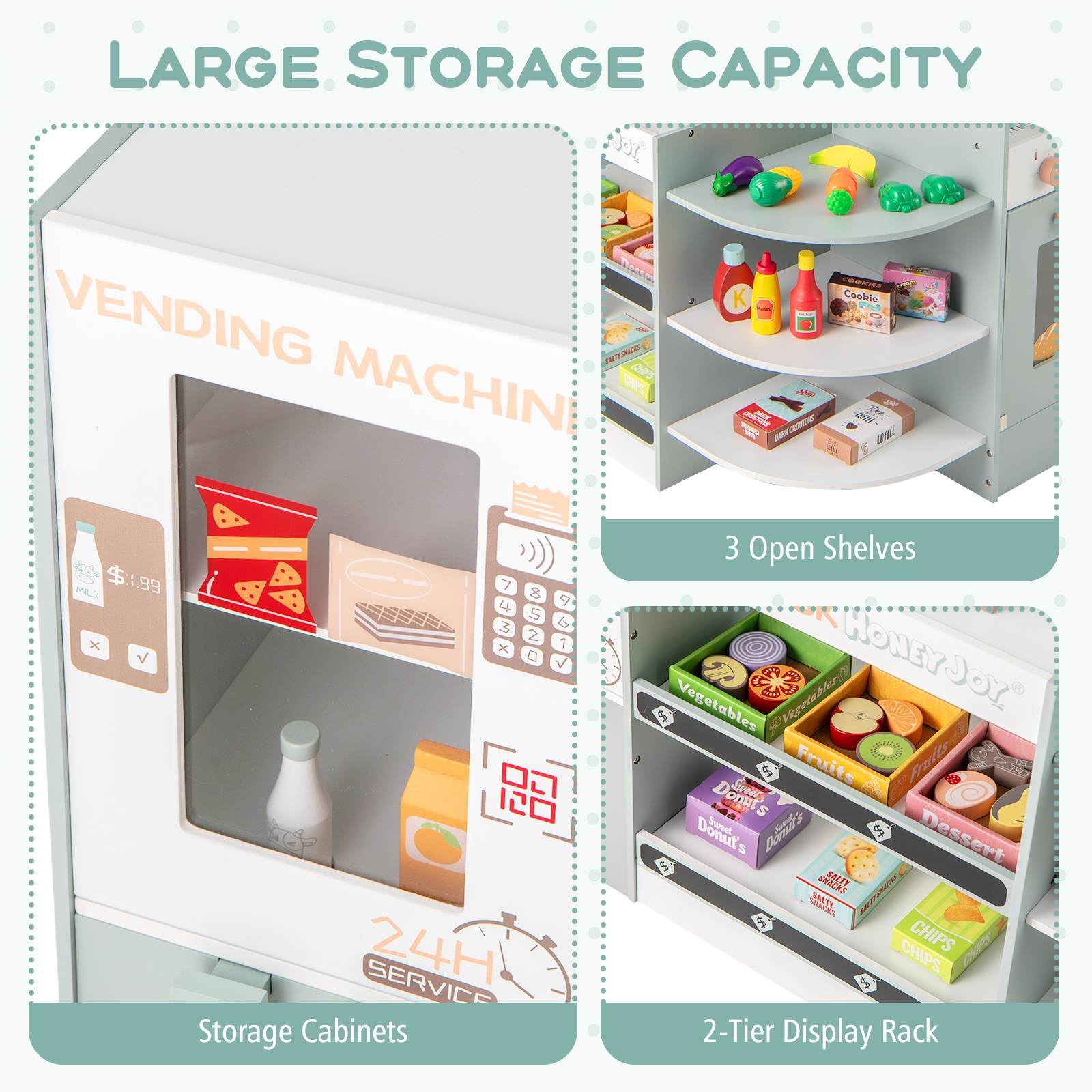 Kids Grocery Store Playset, Wooden Pretend Play Supermarket w/Vending Machine