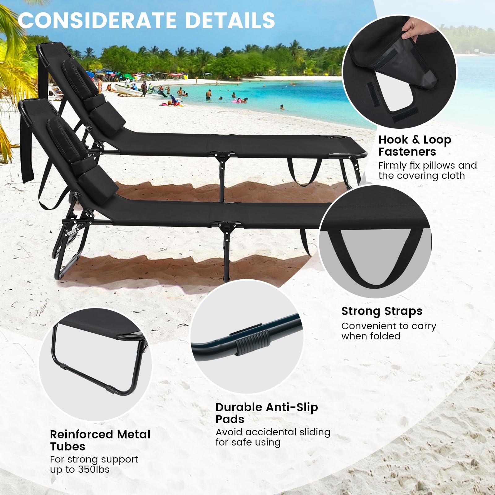 Face Down Tanning Chair, Beach Lounge Chair with 5-Level Adjustable Backrest & 3 Removable Pillows