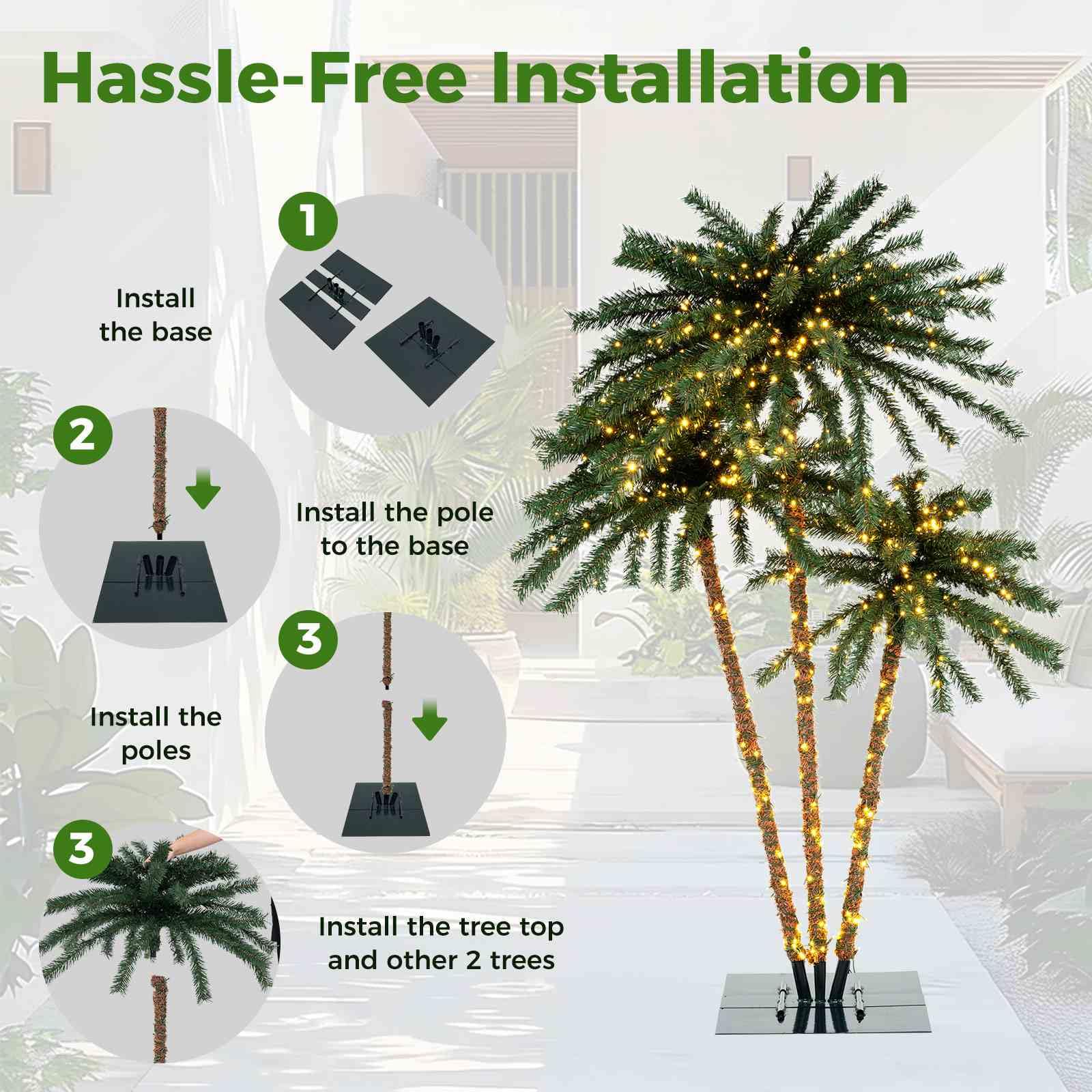 Artificial Lighted Palm Tree with Metal Base 157 Branch Tips