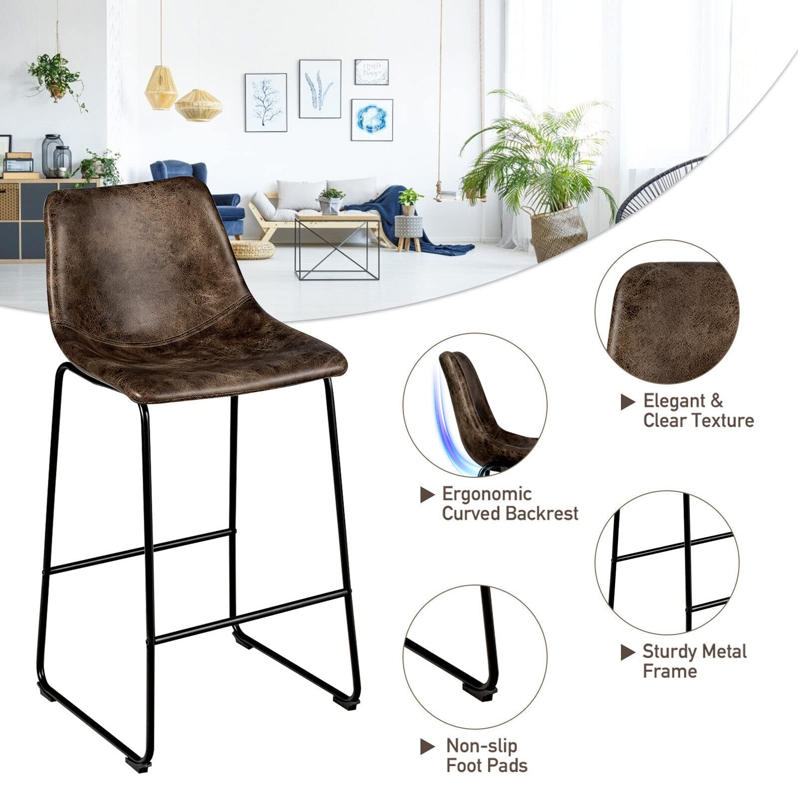 Giantex Set of 2 Bar Height Stool, Vintage Faux Suede Bar Stools, with Metal Legs, Back and Footrest