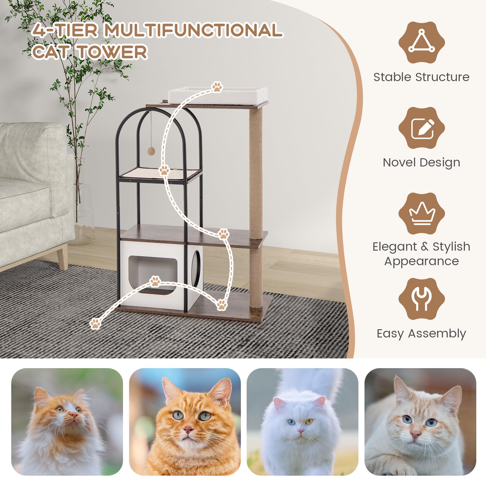 118 CM Tall Cat Tree Tower w/Metal Frame, Top Perch Cat Bed, Cat Condo, Jute Scratching Posts