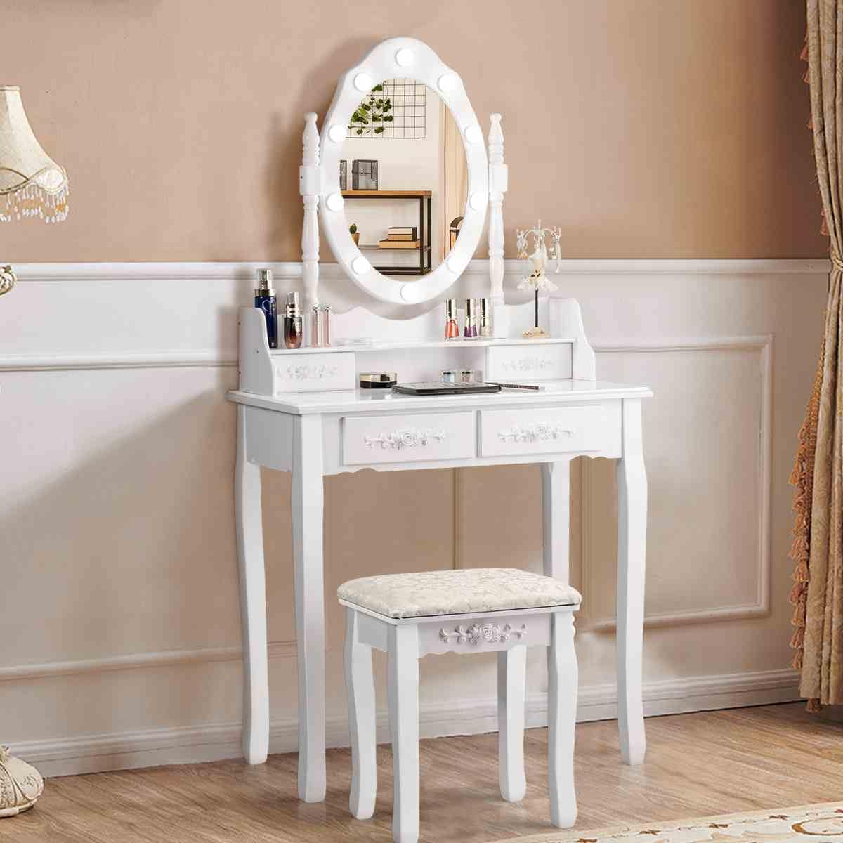 Makeup Vanity Set with Rotating Mirror and 10 LED Dimmable Bulbs