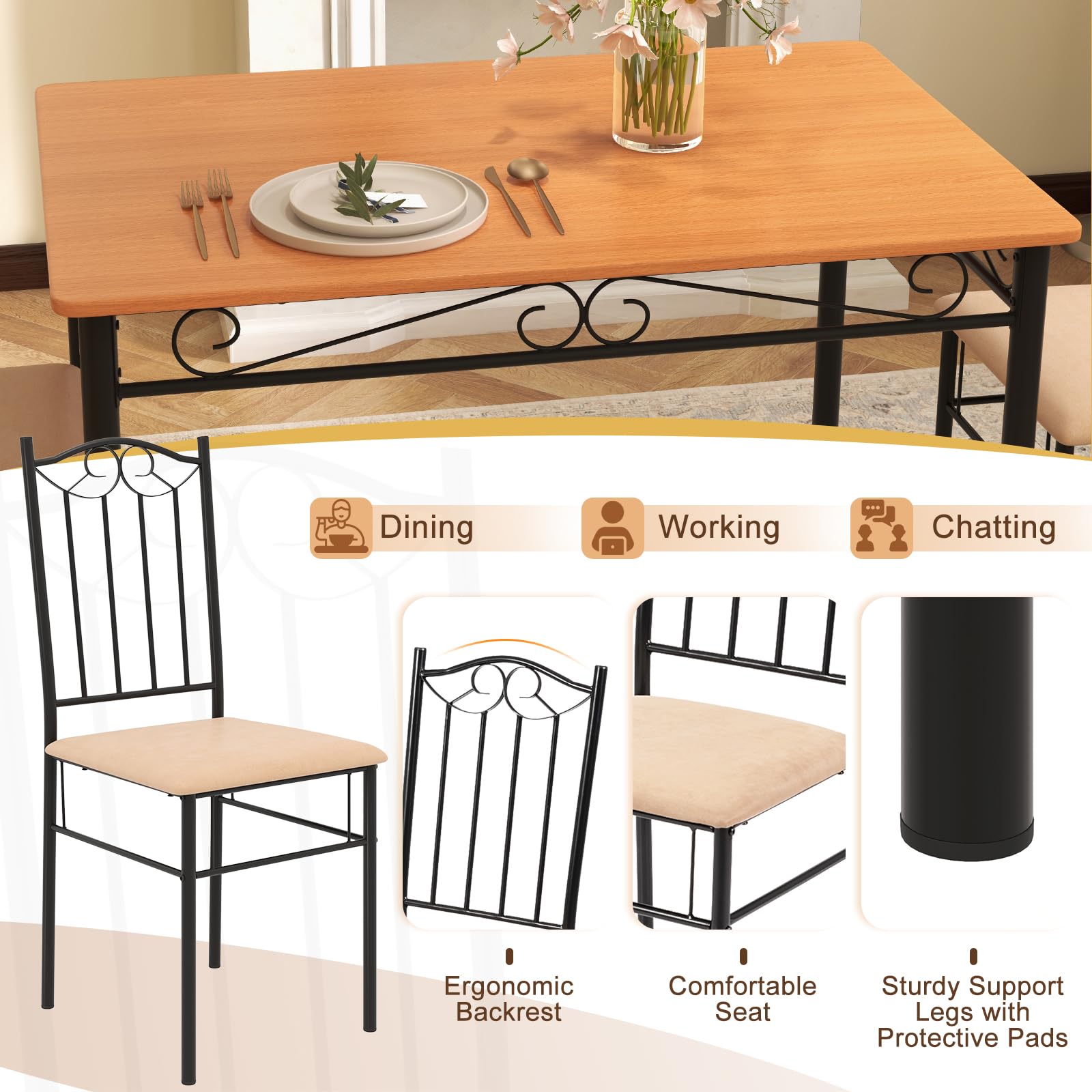 Giantex Dining Table Set for 4 Modern Rectangular Kitchen Table with 4 Cushioned Chairs