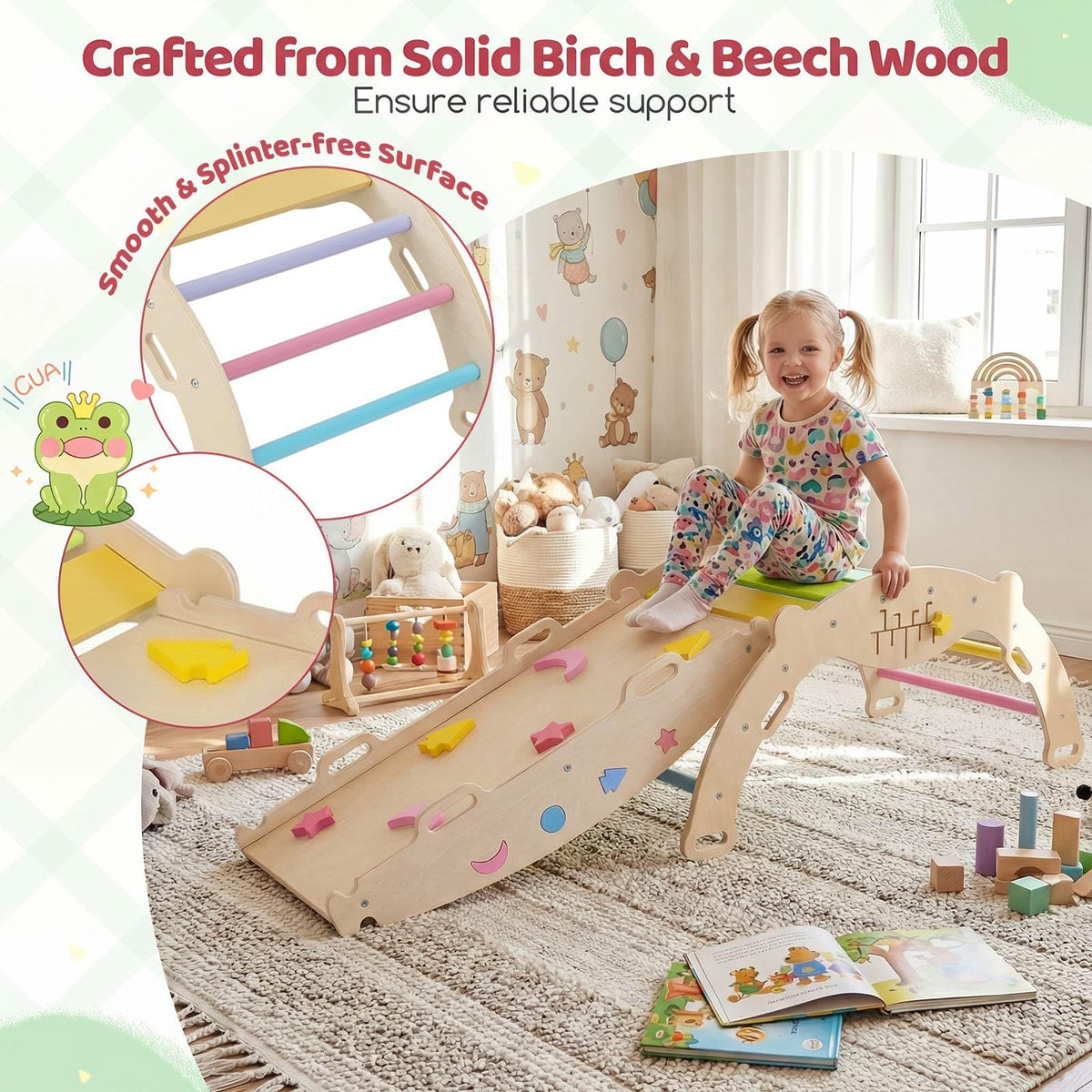 8-in-1 Wooden Triangle Set, Foldable Montessori Climbing Toys with Arch Climber, Reversible Ramp