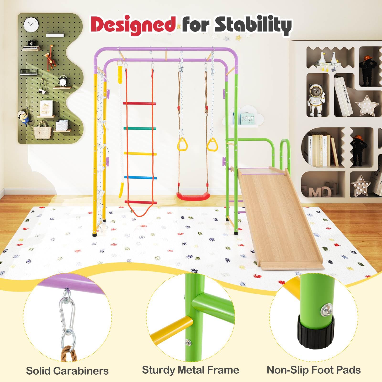 Metal Indoor Jungle Gym, 8-in-1 Climbing Playset w/Monkey Bars