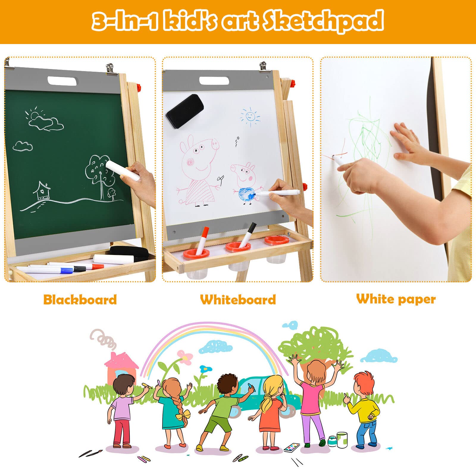BABY JOY Kids Art Easel, 3-in-1 Wooden Toddler Easel w/Paper Roll, Storage Tray, Eraser