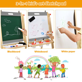 BABY JOY Kids Art Easel, 3-in-1 Wooden Toddler Easel w/Paper Roll, Storage Tray, Eraser