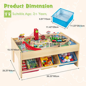 Train Table, 84 Pieces Wooden Kids Activity Toy Table Playset with Reversible Detachable Tabletop, Tracks, Train, Railway, City for Toddler Boys Girls (36’’ x 25’’ x 16’’)