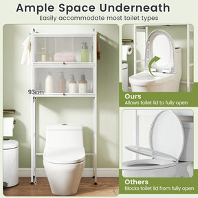 166 cm Over-the-toilet Cabinet, Bathroom Organizer w/ 2 Flip-up Cabinets, See-through Fluted Doors