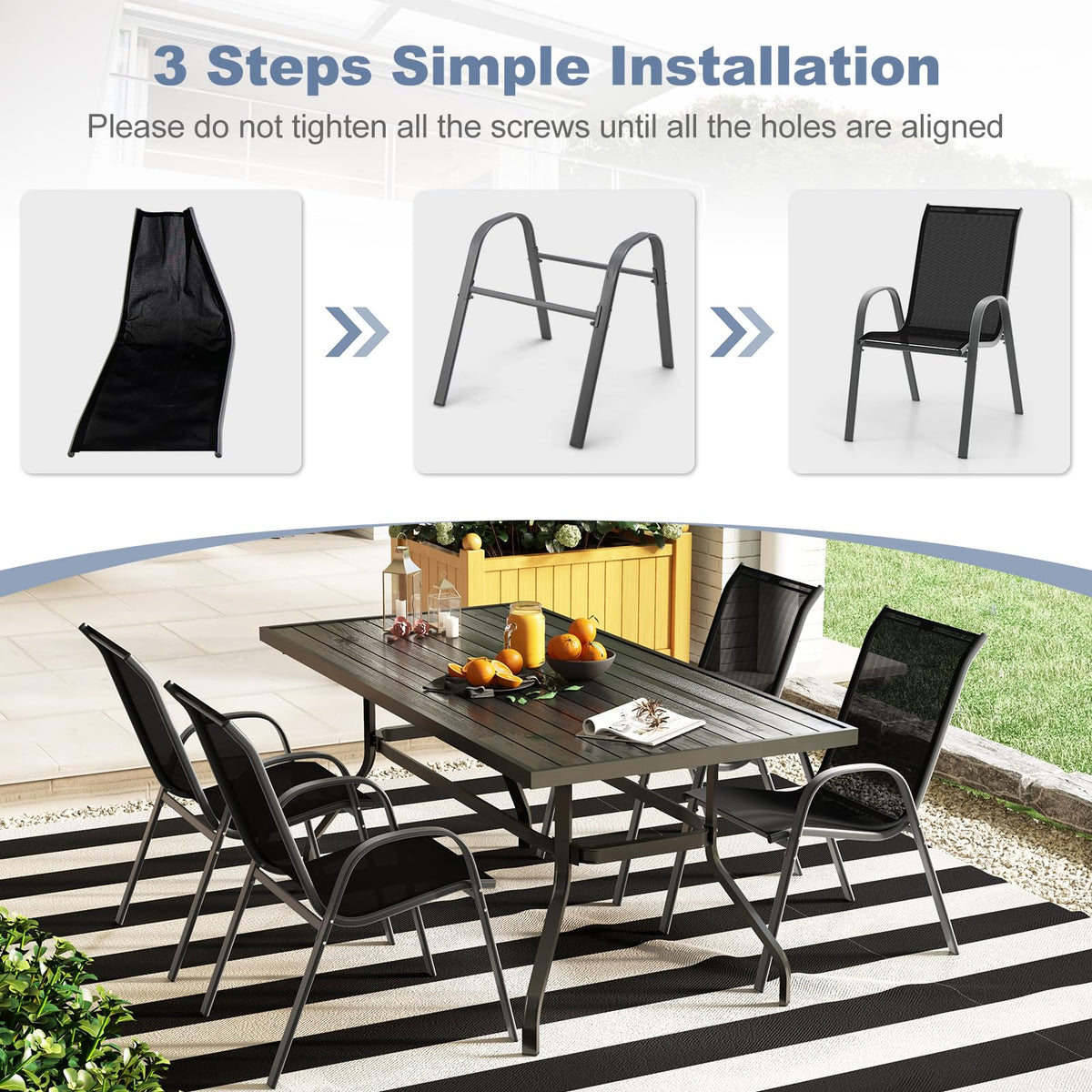 Set of 4 Outdoor Patio Chairs, Stackable Armchair with Weather-Resistant Fabric, Sturdy Steel Frame