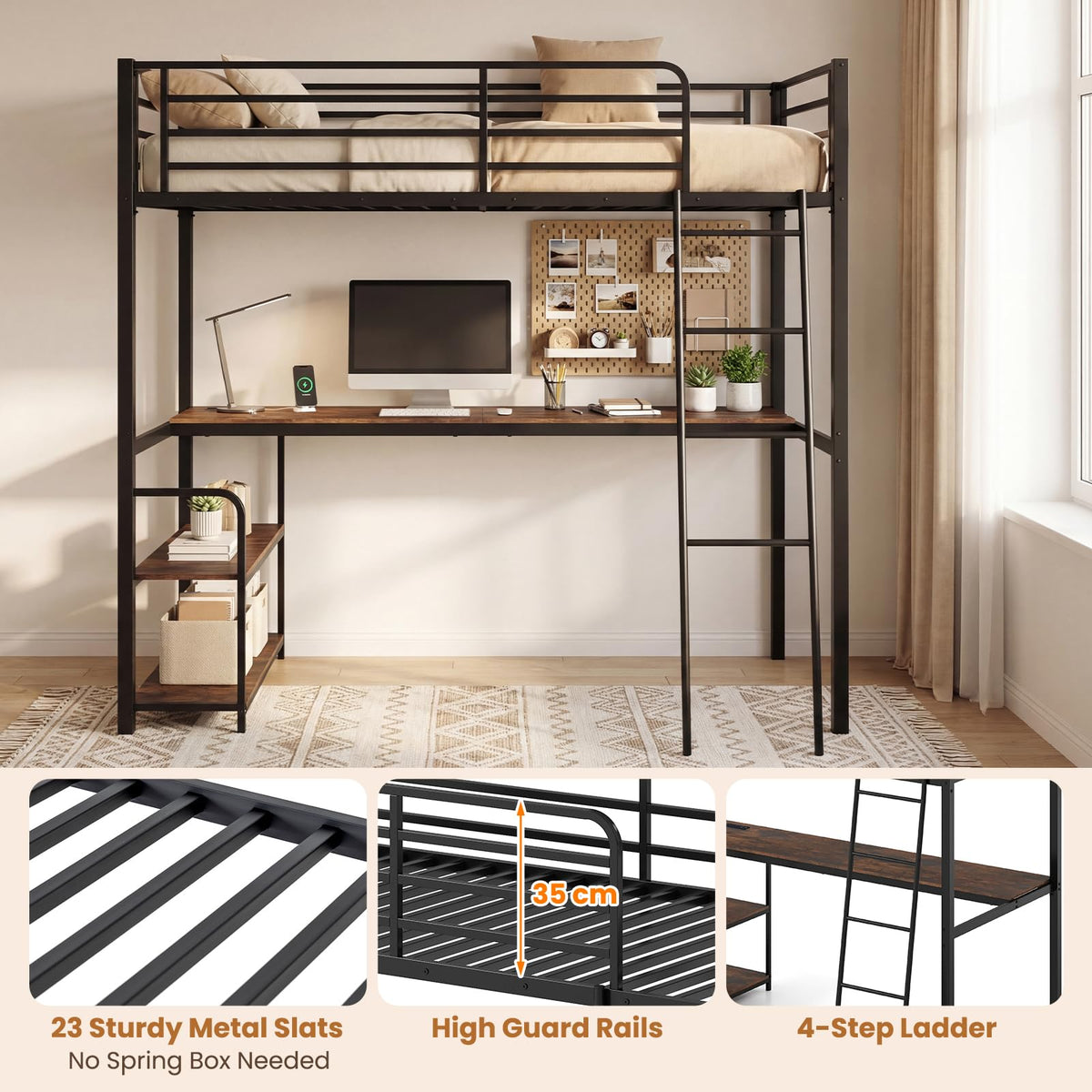 Loft Bed Single Size with Desk, 2-in-1 Metal Loft Bed Frame with Charging Station, Desk and 2 Shelves
