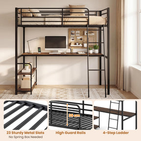 Loft Bed Single Size with Desk, 2-in-1 Metal Loft Bed Frame with Charging Station, Desk and 2 Shelves