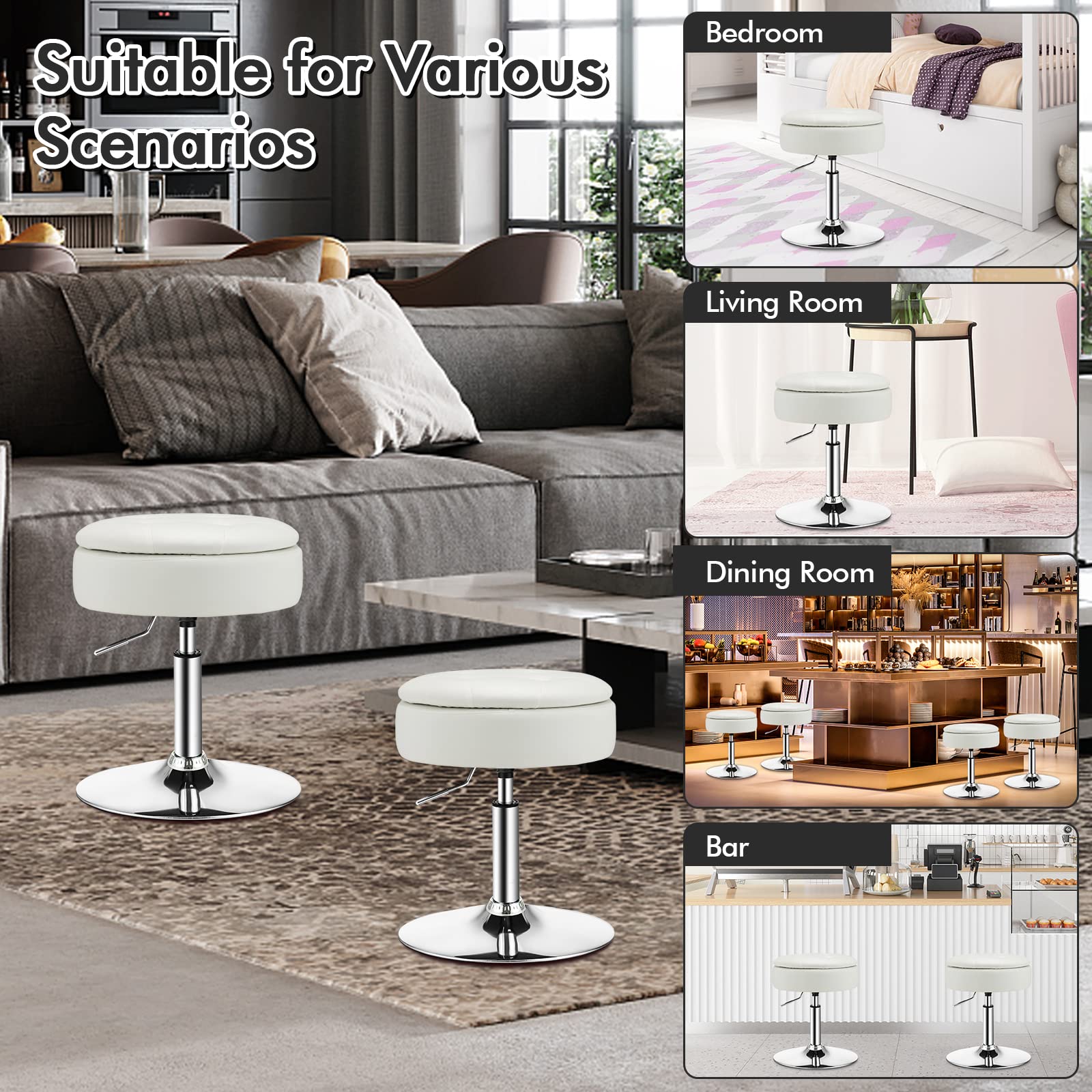 Giantex Vanity Stool with Storage, 360° Swivel PU Leather Vanity Chair, 50-66cm Height Adjustable Makeup Stool