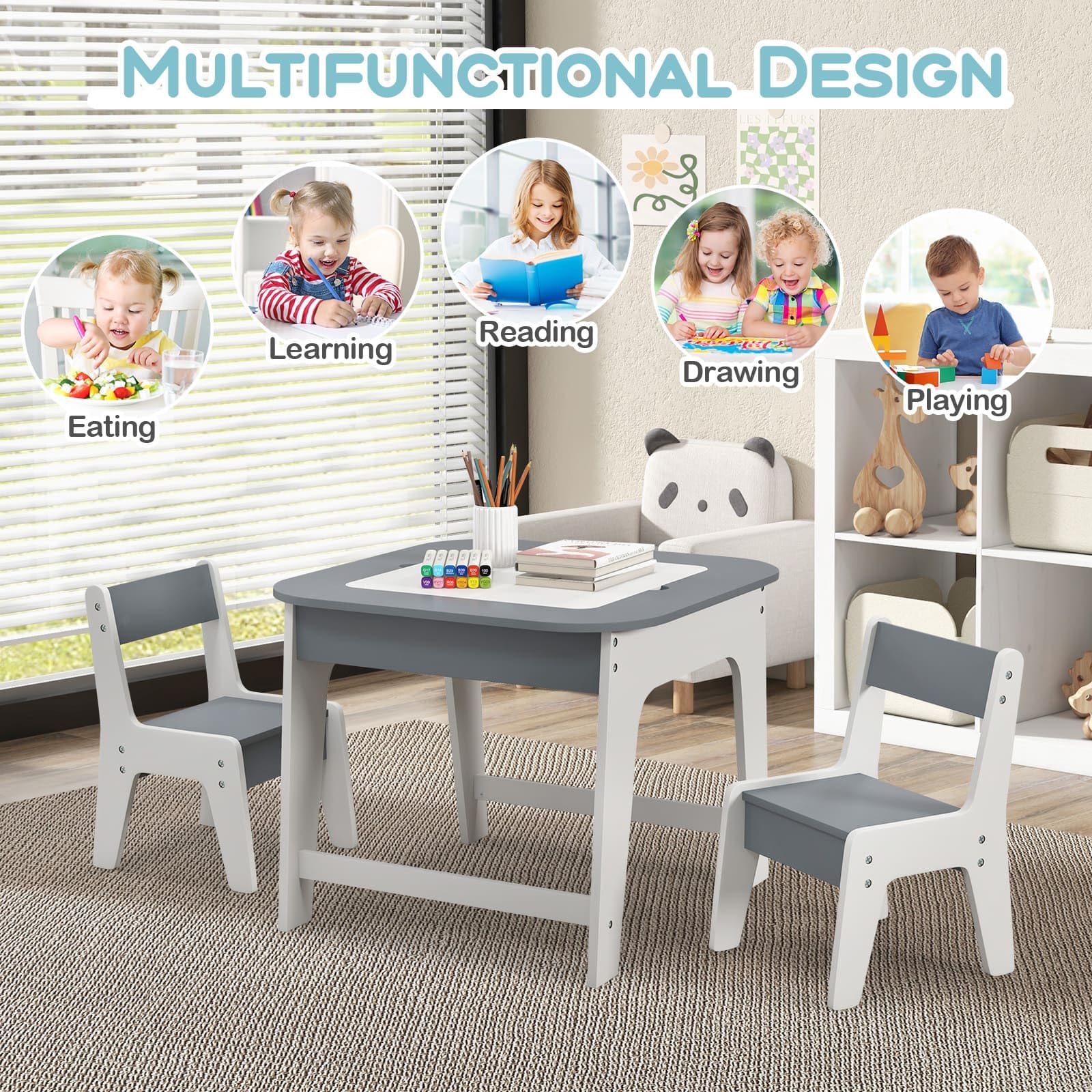 Kids Table & Chairs Set, Toddler Activity Table Set with Double-Sided Tabletop & Hidden Storage Space