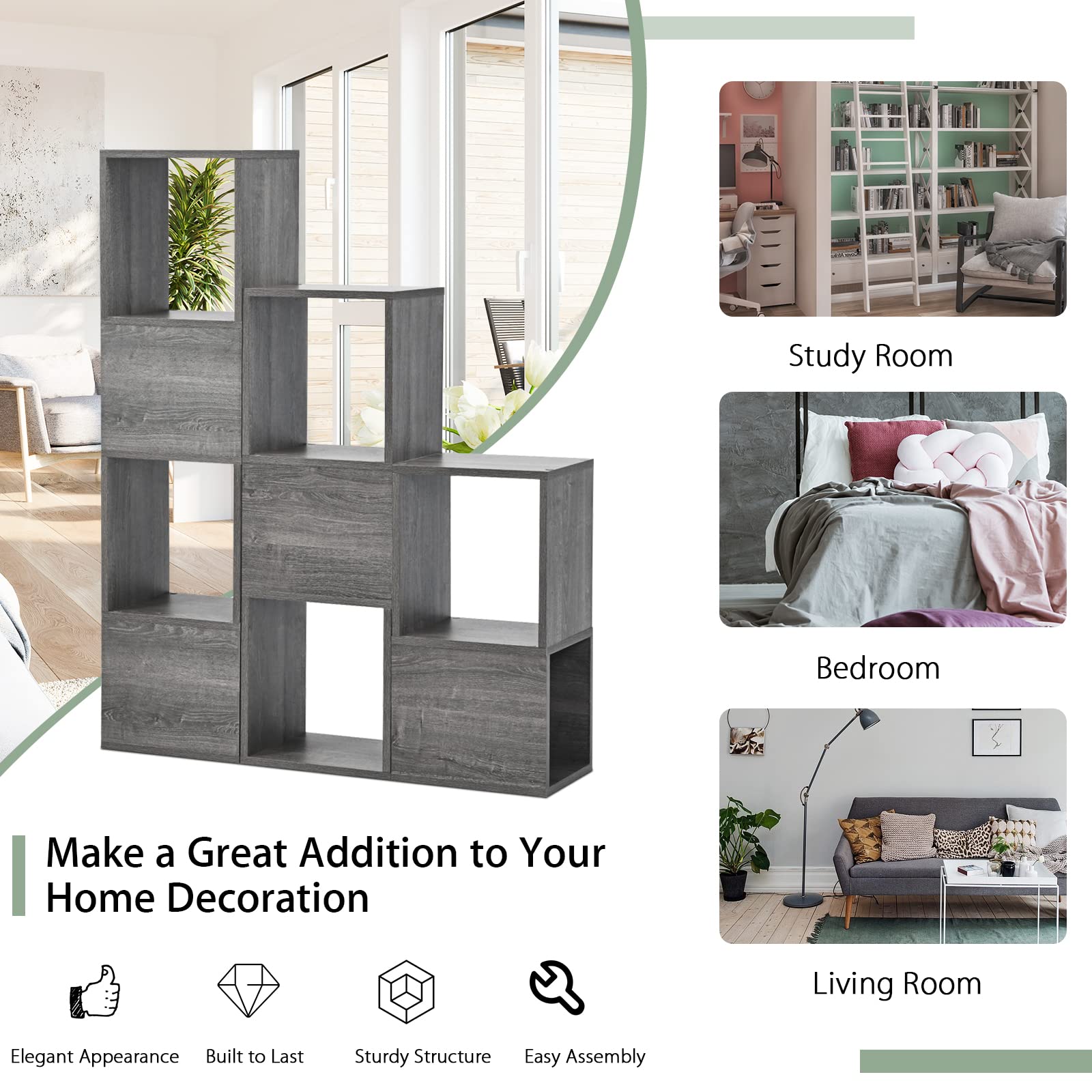 Giantex Wooden 9-Cube Bookcase, Free Combination Bookshelf, Multifunctional Storage Organizer, Grey