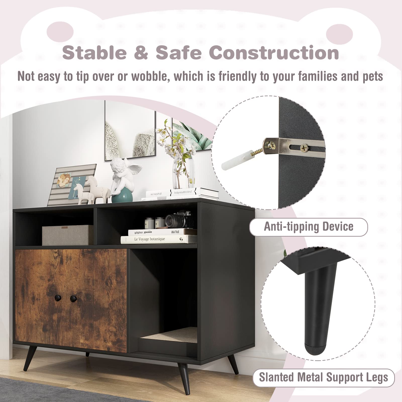 Cat Litter Box Enclosure with Scratching Pad, Slanted Metal Legs, Cat Furniture End Table Nightstand with 2 Storage Shelves