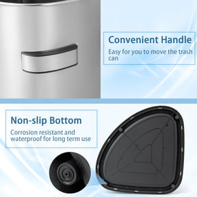 60L Stainless Corner Steel Trash Bin with Anti-slip Bottom for Narrow Space Kitchen Living Room