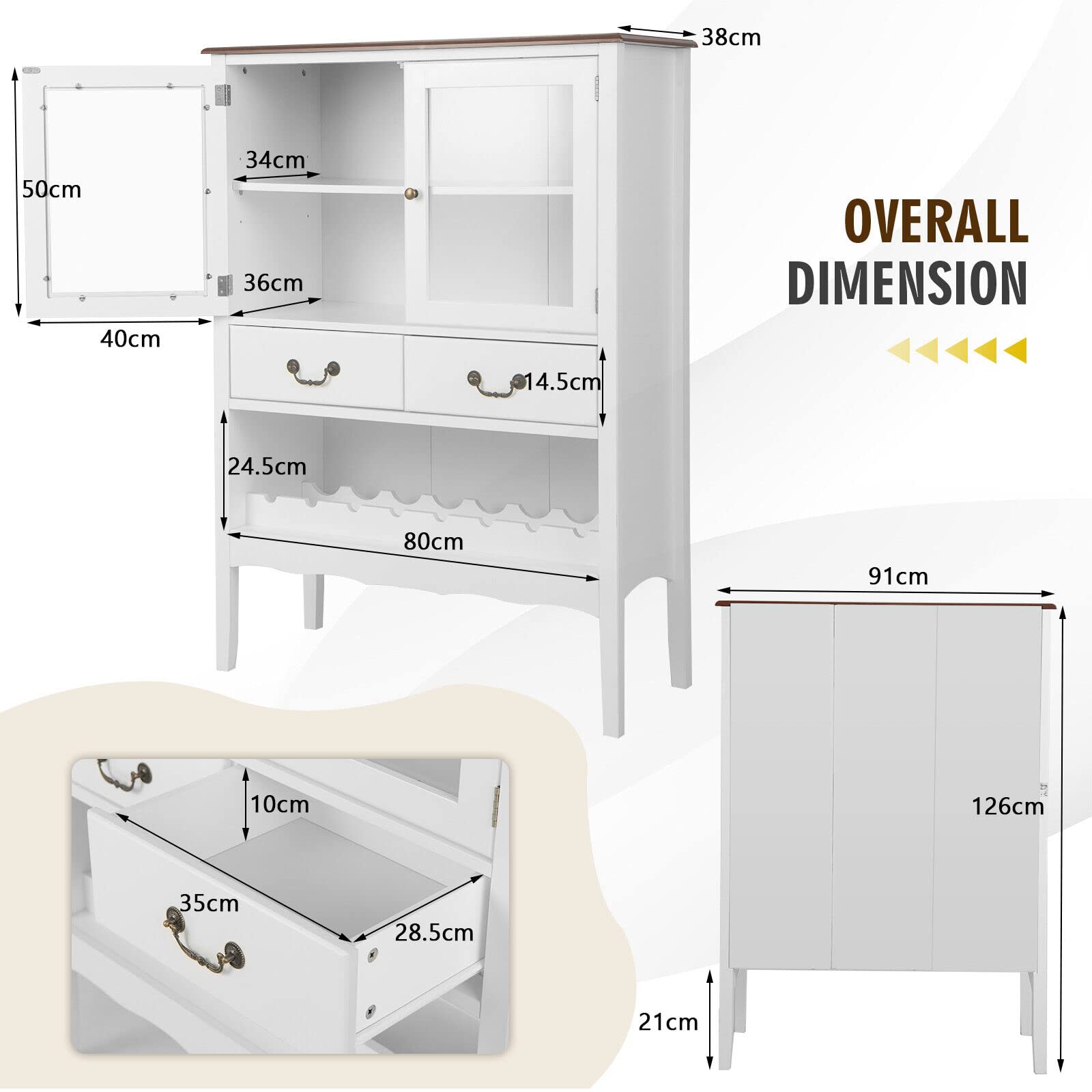 Giantex Sideboard Buffet Cabinet, Storage Cabinet with 2 Tempered Glass Doors, 2 Drawers, White