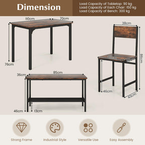 4-Piece Dining Table Set, Kitchen Table with 2 Chairs & a Bench