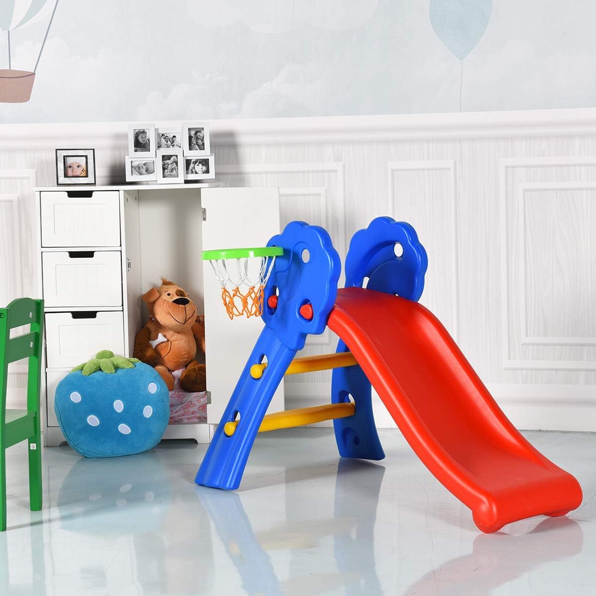 Kids Slide with Basketball Hoop, 2 in 1 Foldable Slide and Climber for Children for Indoor and Outdoor Use