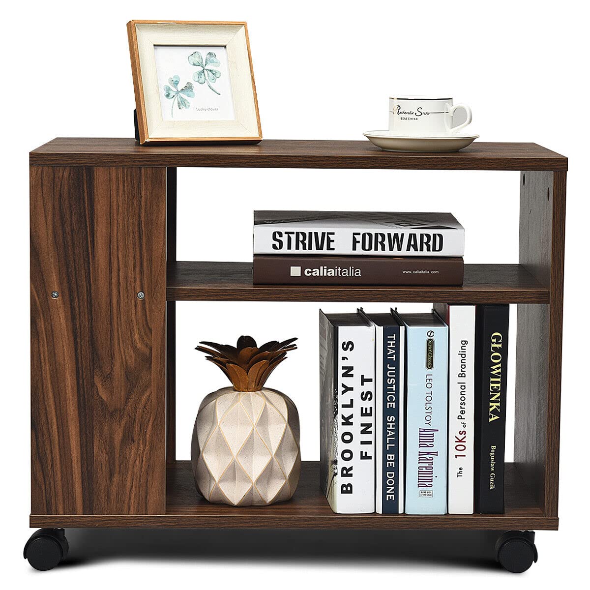 Giantex 3-Tier Side Table with Storage Shelf, Sofa Side Table with Wheels for Small Spaces, Industrial Nightstand