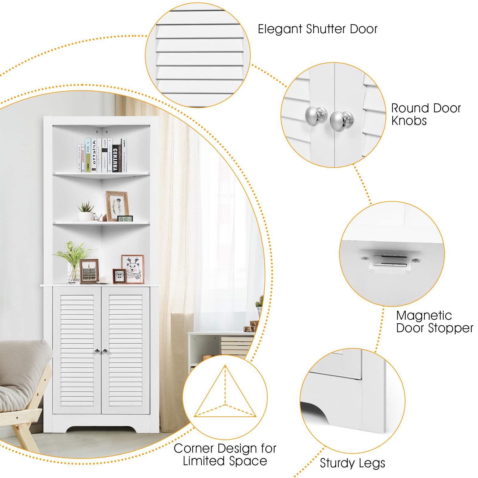Bathroom Corner Tall Storage Cabinet w/ 3 Open Shelves Storage Organizer White