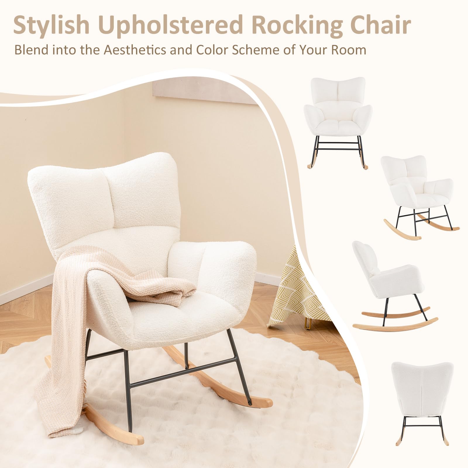 Teddy Fleece Fabric Upholstered Glider Chair Rocking Chair w/ Comfy Backrest