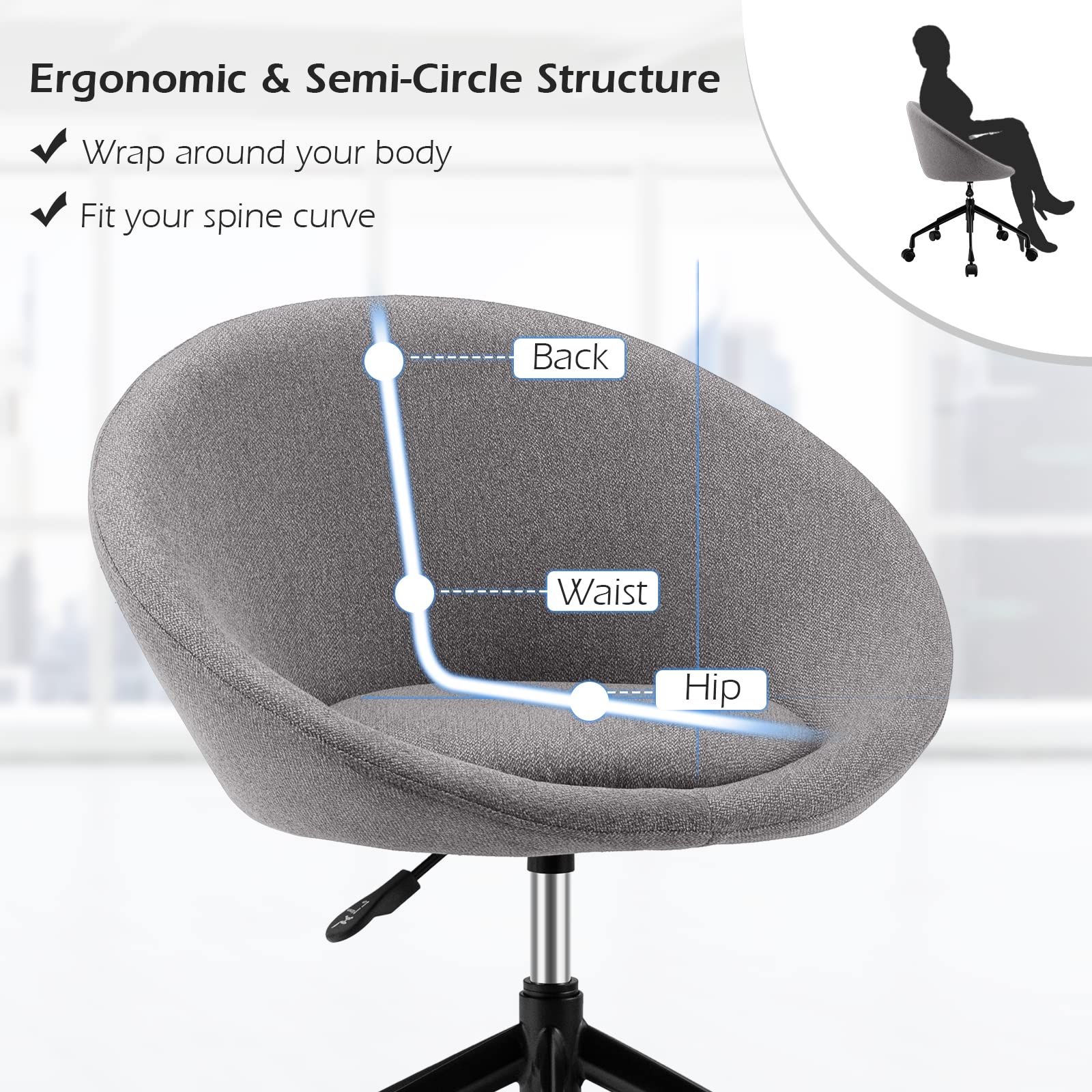 Giantex Modern Swivel Accent Chair, Round Back Desk Chair, Height Adjustable Home Office Chair