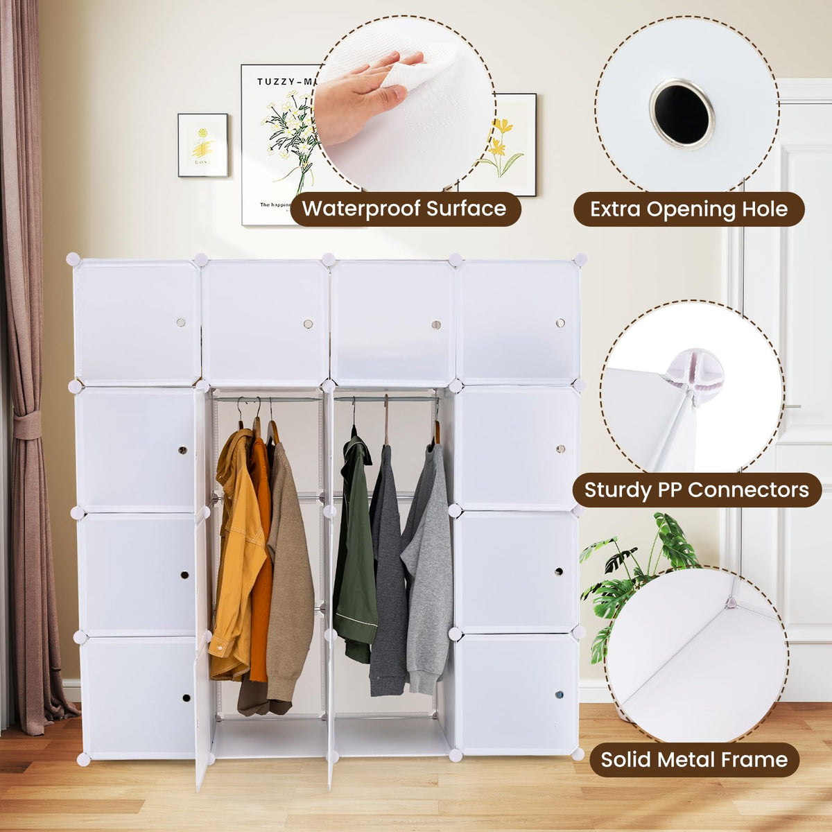 16-Cube Storage Organizer, DIY Modular Closet Storage Cabinet with Hanging Poles for Clothing