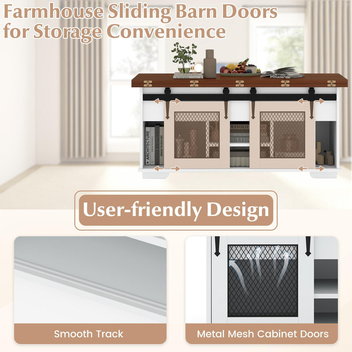 Lift Top Coffee Table, 105cm Farmhouse Center Table with 2 Sliding Barn Doors
