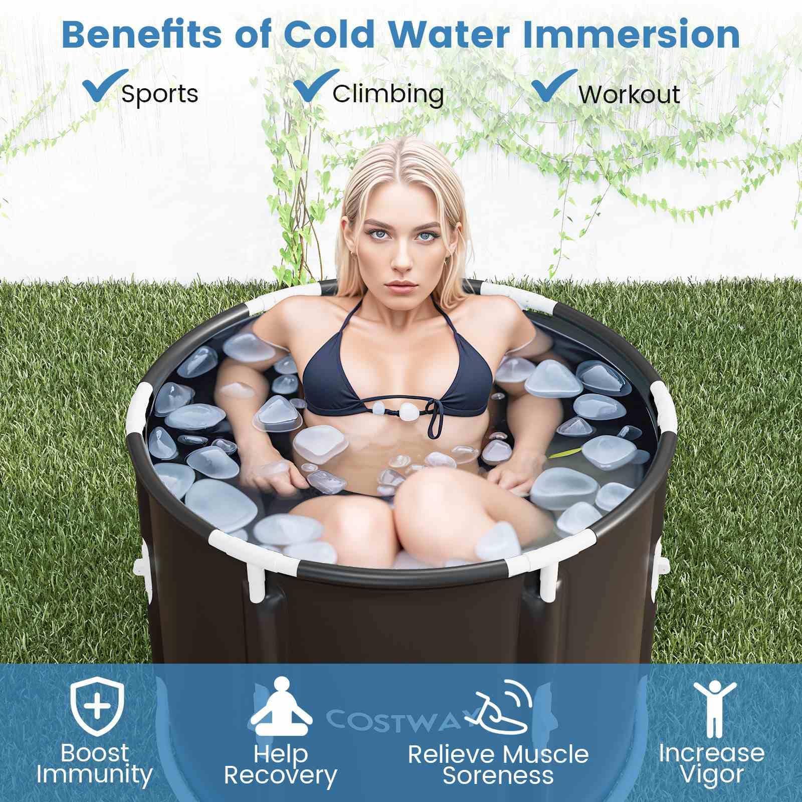 Ice Bath Tub for Adult, Outdoor Ice Plunge Tub w/Lid, Foldable Athletes Cold Therapy Tub at Home Garden Yard
