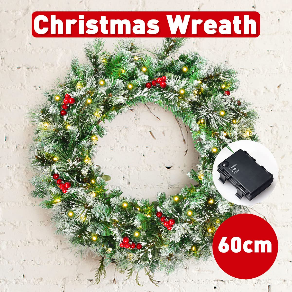 60cm Christmas Wreath, Artificial Pre-lit Lighted Christmas Wreath