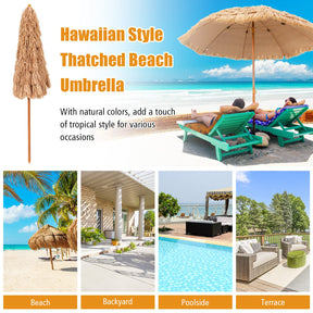8 FT Thatched Tiki Umbrella, Hawaiian Style Outdoor Hula Umbrella w/8 Metal Ribs