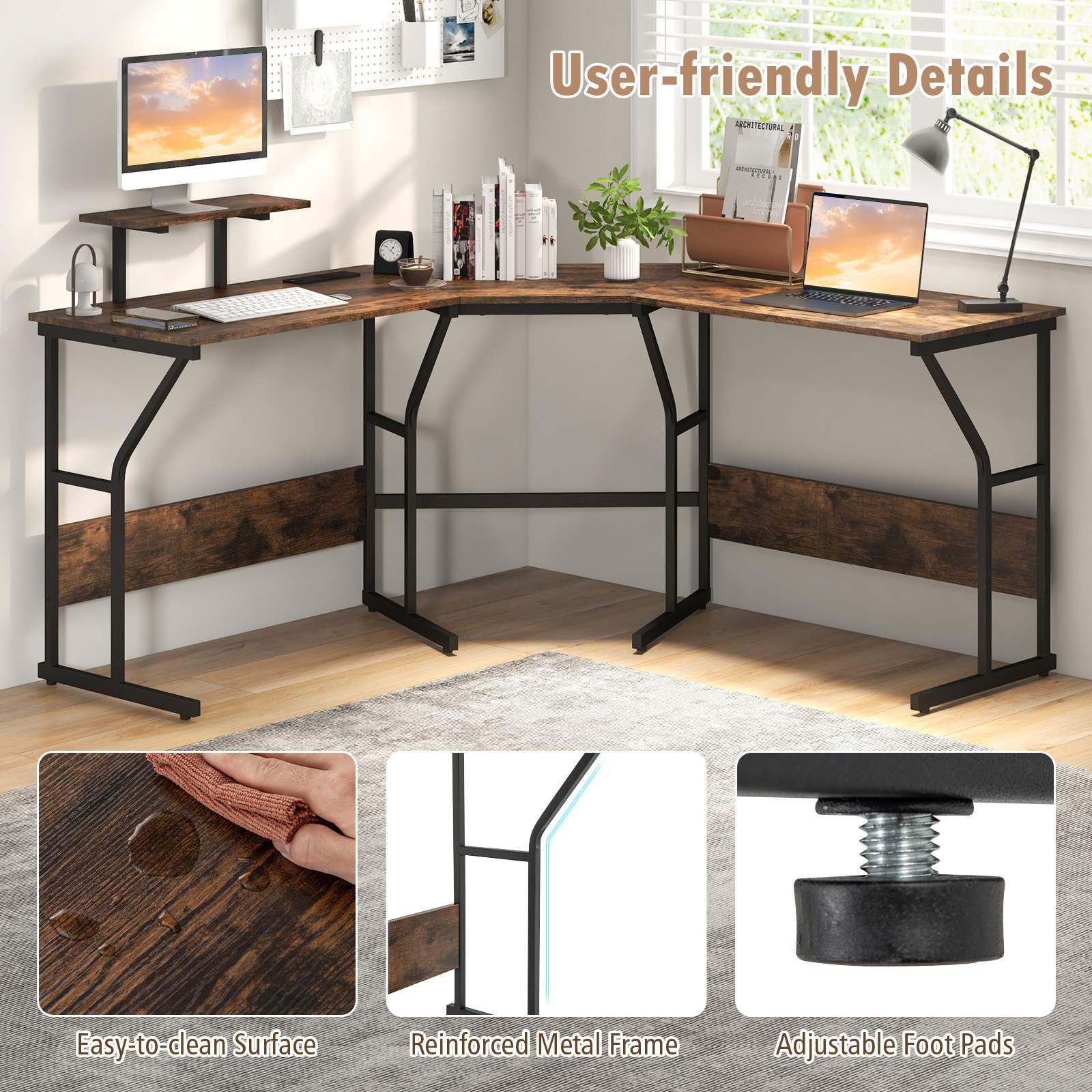 225cm L-Shaped Desk Corner Computer Desk Workstation w/Power Outlet Home Office
