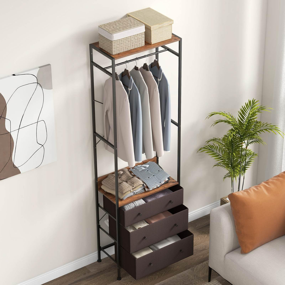 Freestanding Closet Organizer, Clothing Stand Dresser w/ 3-Position Hanging Rod & Storage Shelves