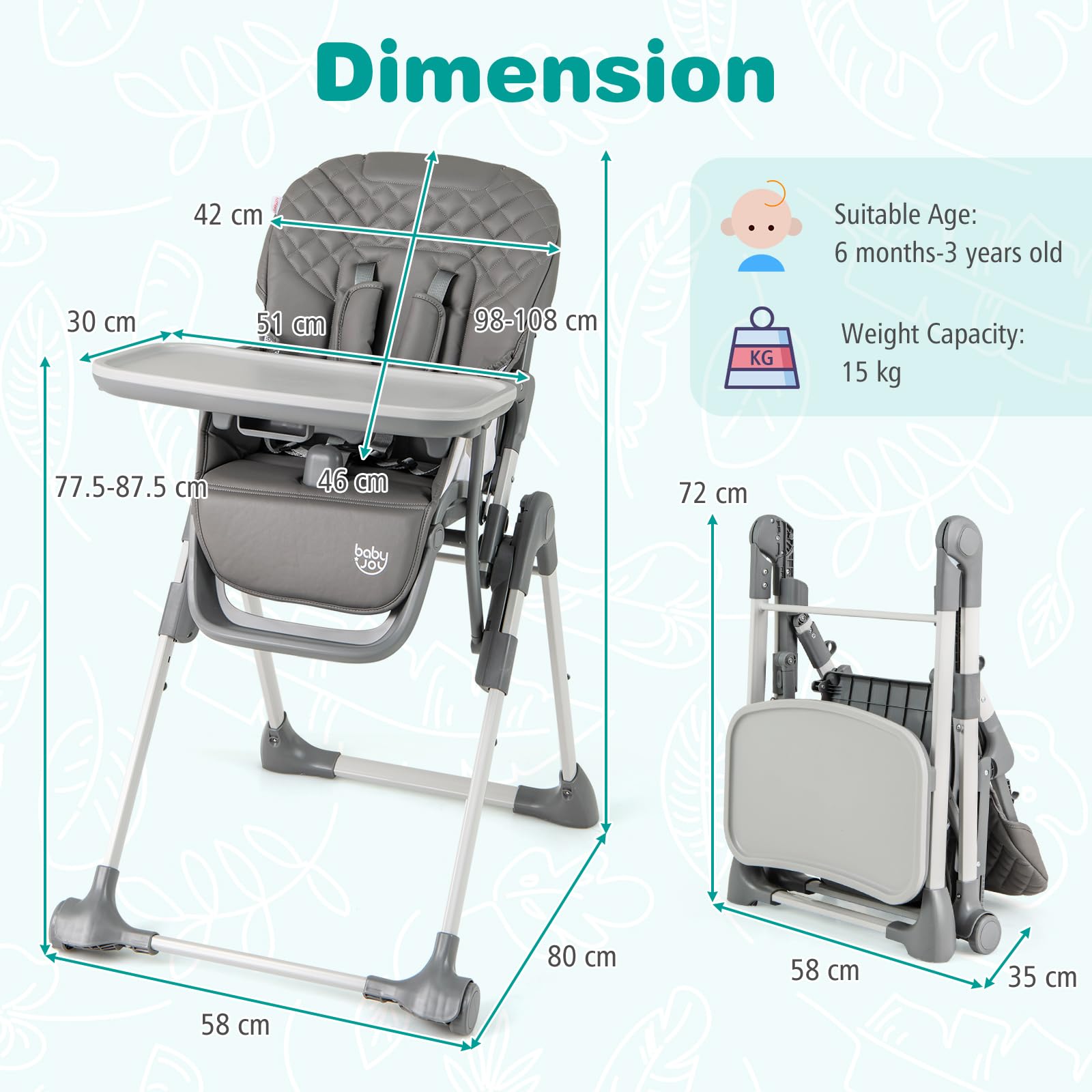 Portable Adjustable Highchair with Footrest, Detachable Tray, Easy to Clean PU Seat Cushion