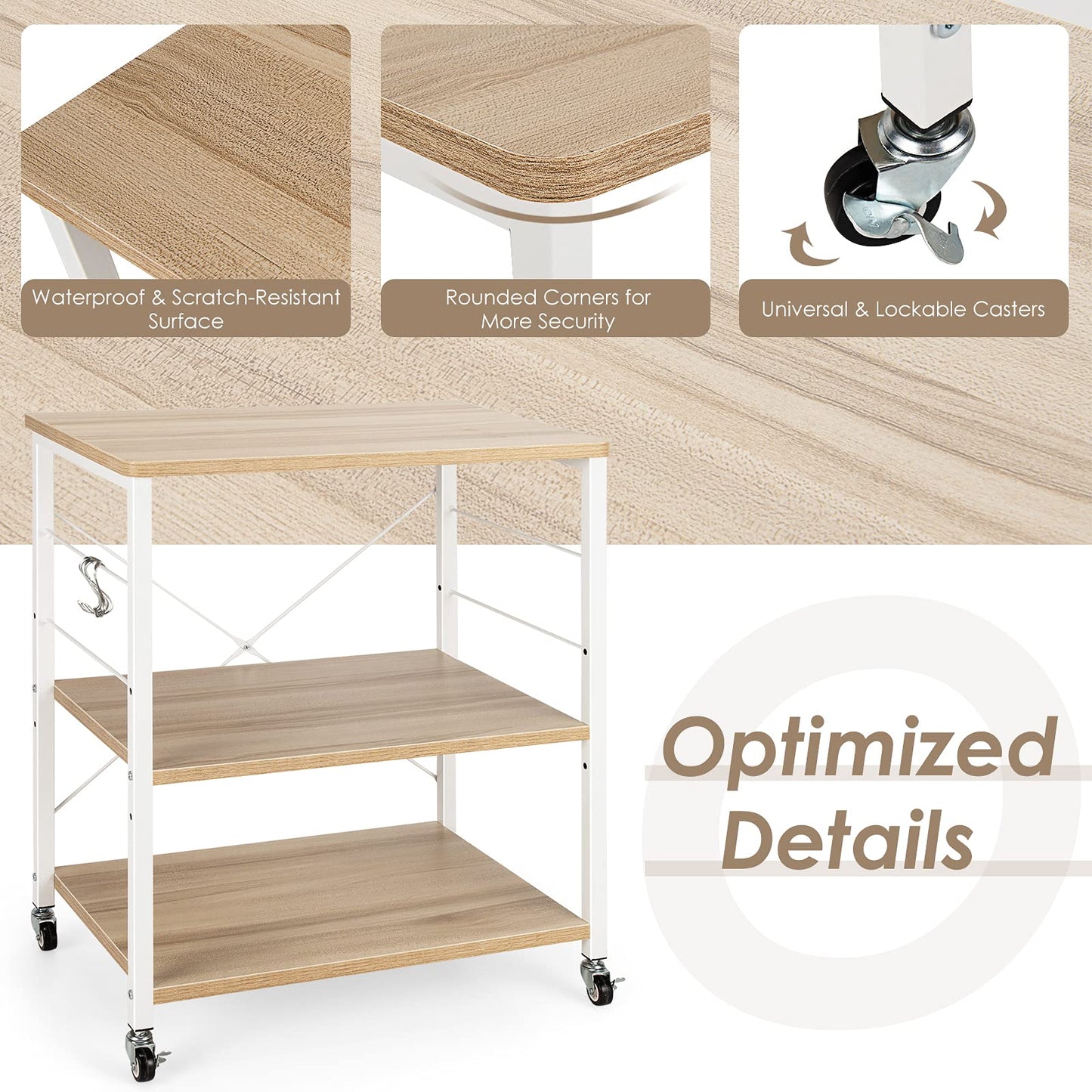 3-Layer Kitchen Rolling Cart with 4 Universal Wheels for Kitchen, Living Room, Entryway