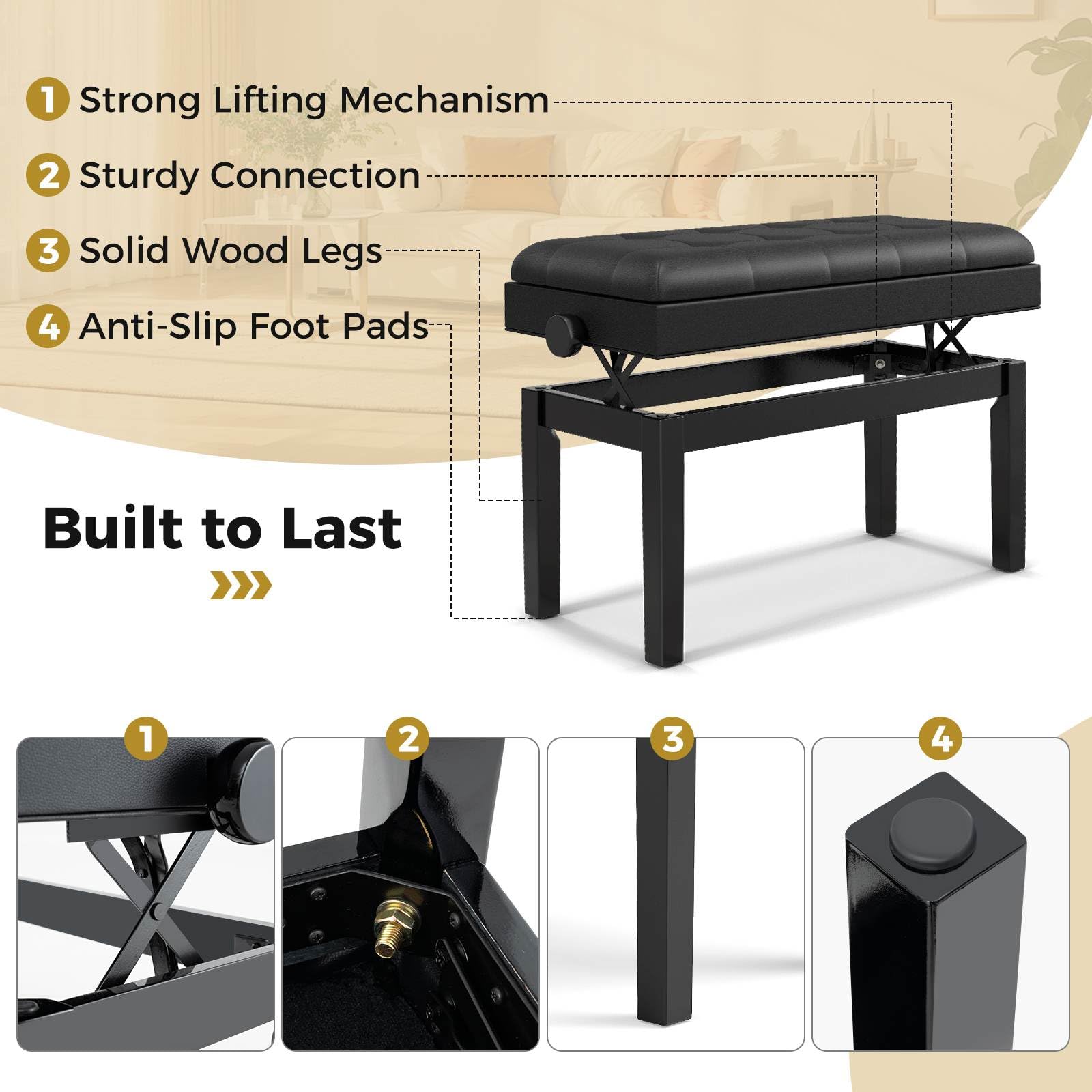 Wooden Piano Stool, Height Adjustable Duet Piano Bench with Storage