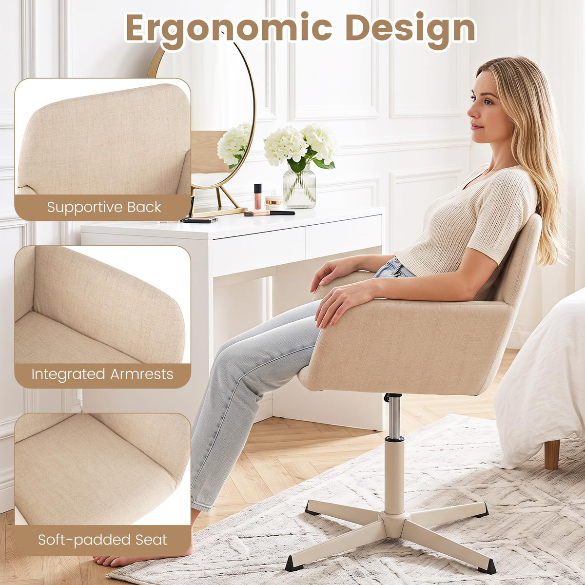 Vanity Chair with Back, 360° Swivel Armchair w/ Adjustable Height