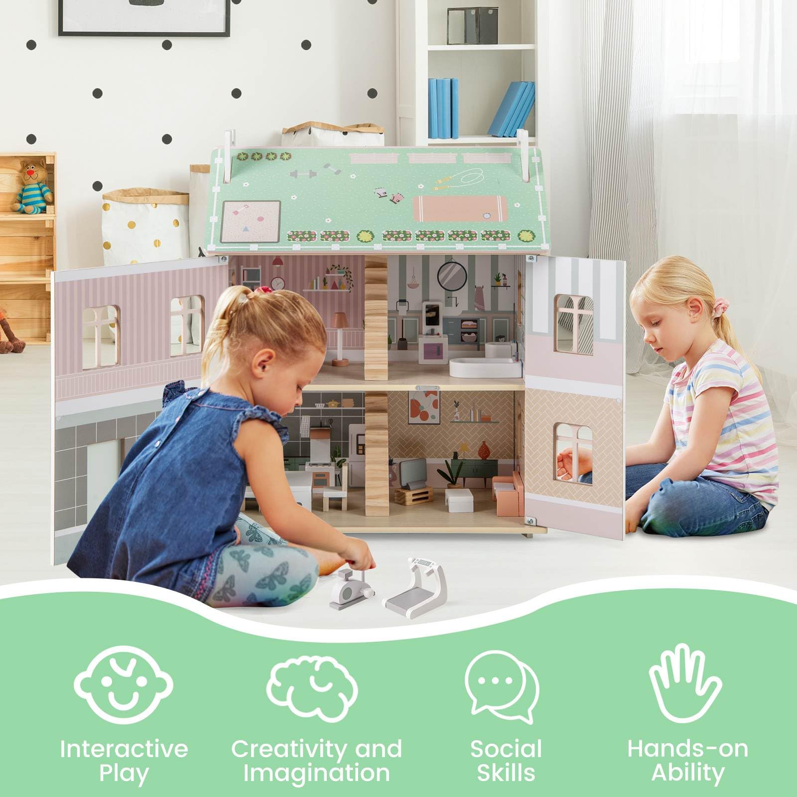 Kids Wooden Dollhouse with Double-Sided Roofs and Openable Doors