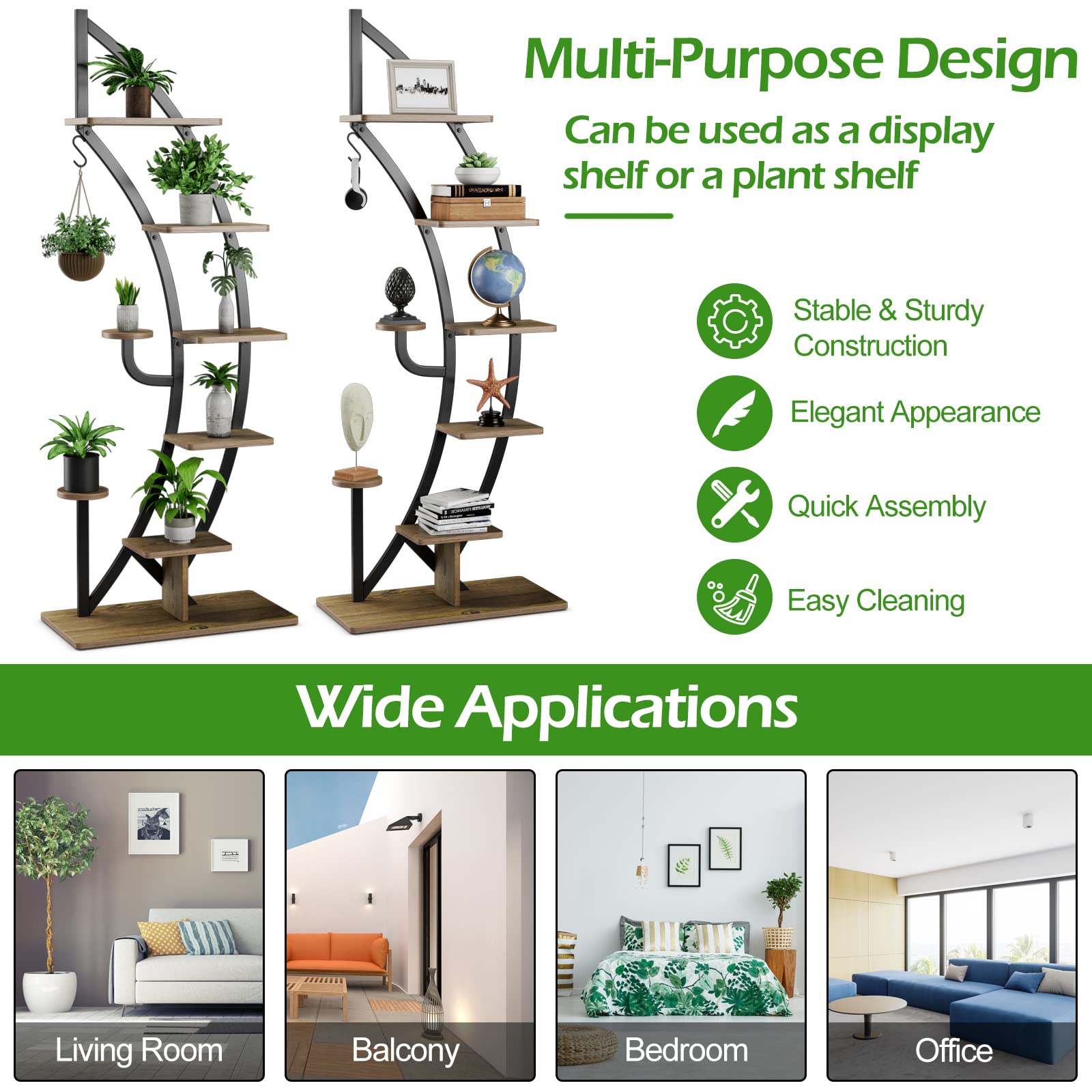 6-Tier Tall Metal Plant Stand Rack, Curved Half Moon Shape Ladder Planter Shelf W/ Top Hook