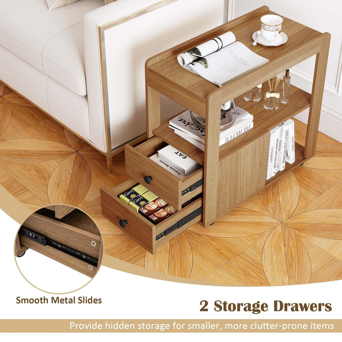 2-Drawer Sofa Side Table with Open Shelves, Modern Narrow End Table